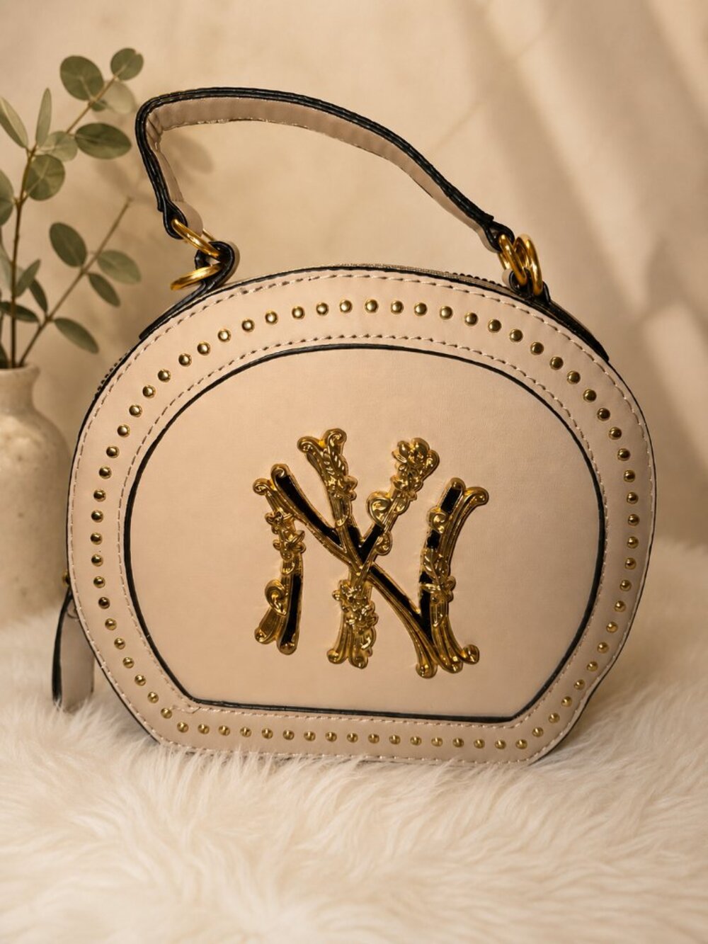 NY Yankees Inspired Beige Round Crossbody Bag Studded Purse Gold Hardware